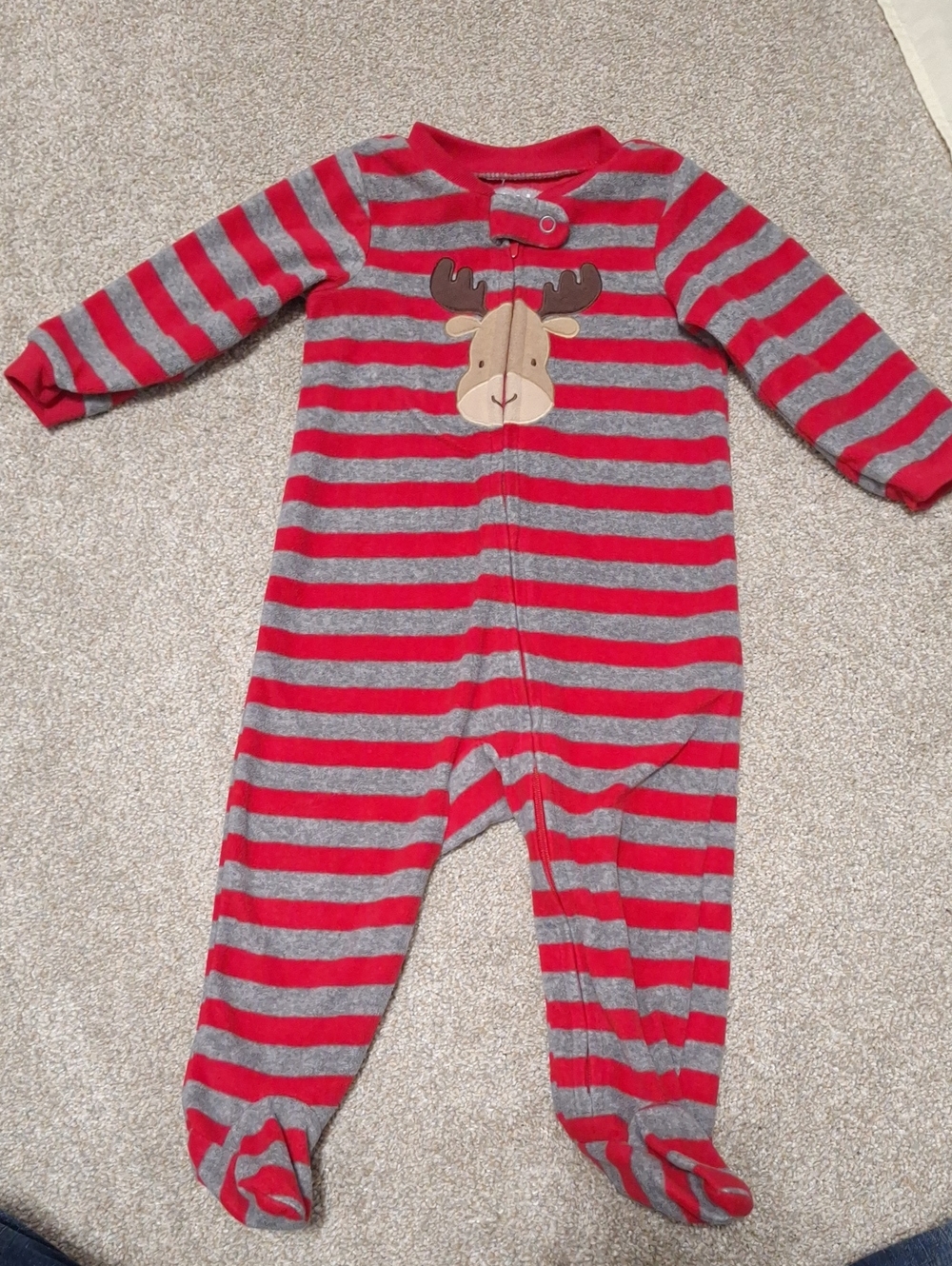 child of mine Red & Gray Striped Moose Footed One-Piece